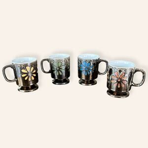 Set of 4 Vintage 1970s Metallic Brown Floral Mugs – Retro Pedestal Coffee Cups